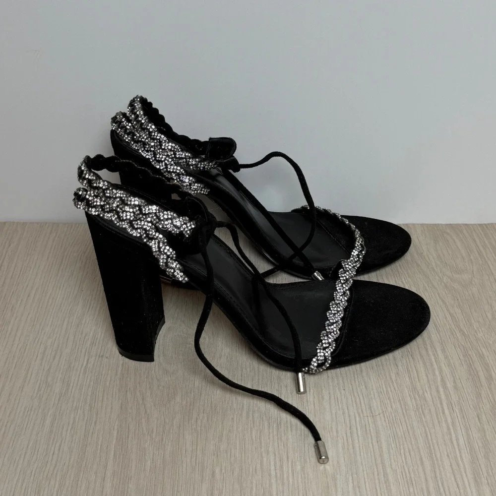 Heeled Sandals Fashion Nova Womens 6.5 Black Rhinestone Braided Lace Up Heel
